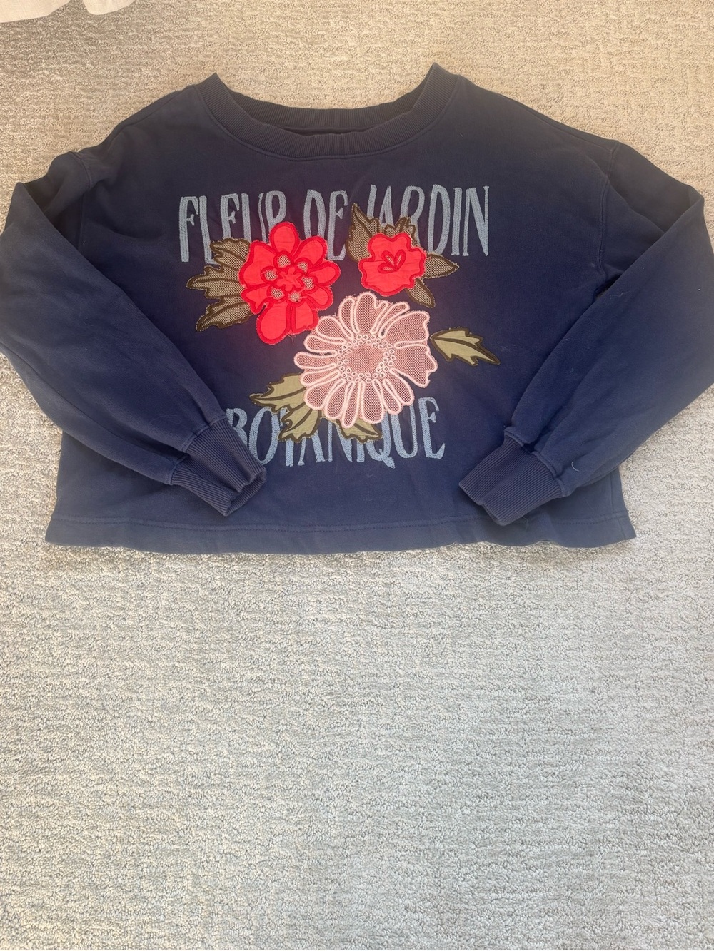 Anthropologie Navy Crewneck Sweatshirt with Floral Appliqué